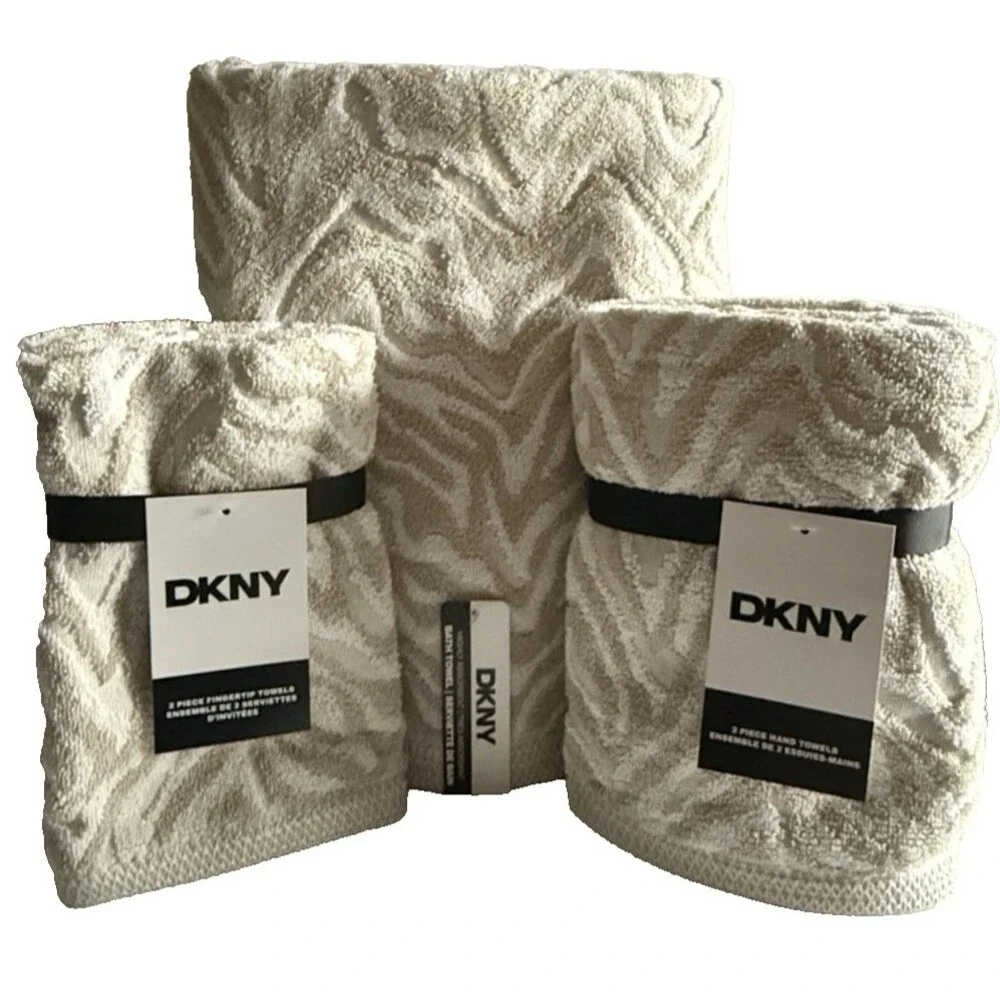 DKNY Zebra Striped 6 Pc Towel Set Beige White 2 Bath Towels 2 Hand 2 Fingertip